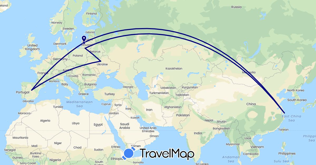 TravelMap itinerary: driving in China, Spain, Lithuania, Ukraine (Asia, Europe)
